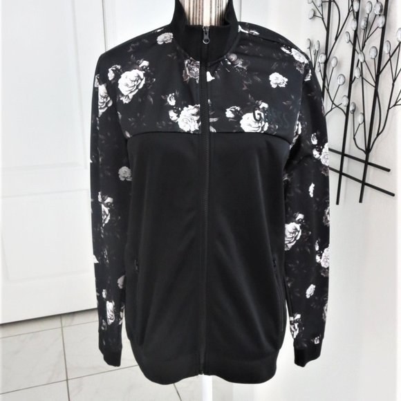 GUESS Black Grey White Rose Print Full Front Zip Track Jacket S Small - Picture 2 of 13